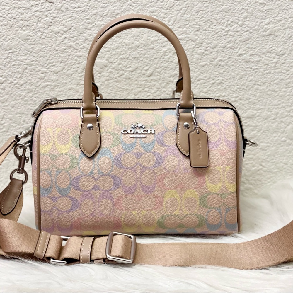 NWT Coach Medium Rowan Satchel Bag In Rainbow Signature Canvas CDA90 Sand Multi - Picture 2 of 11